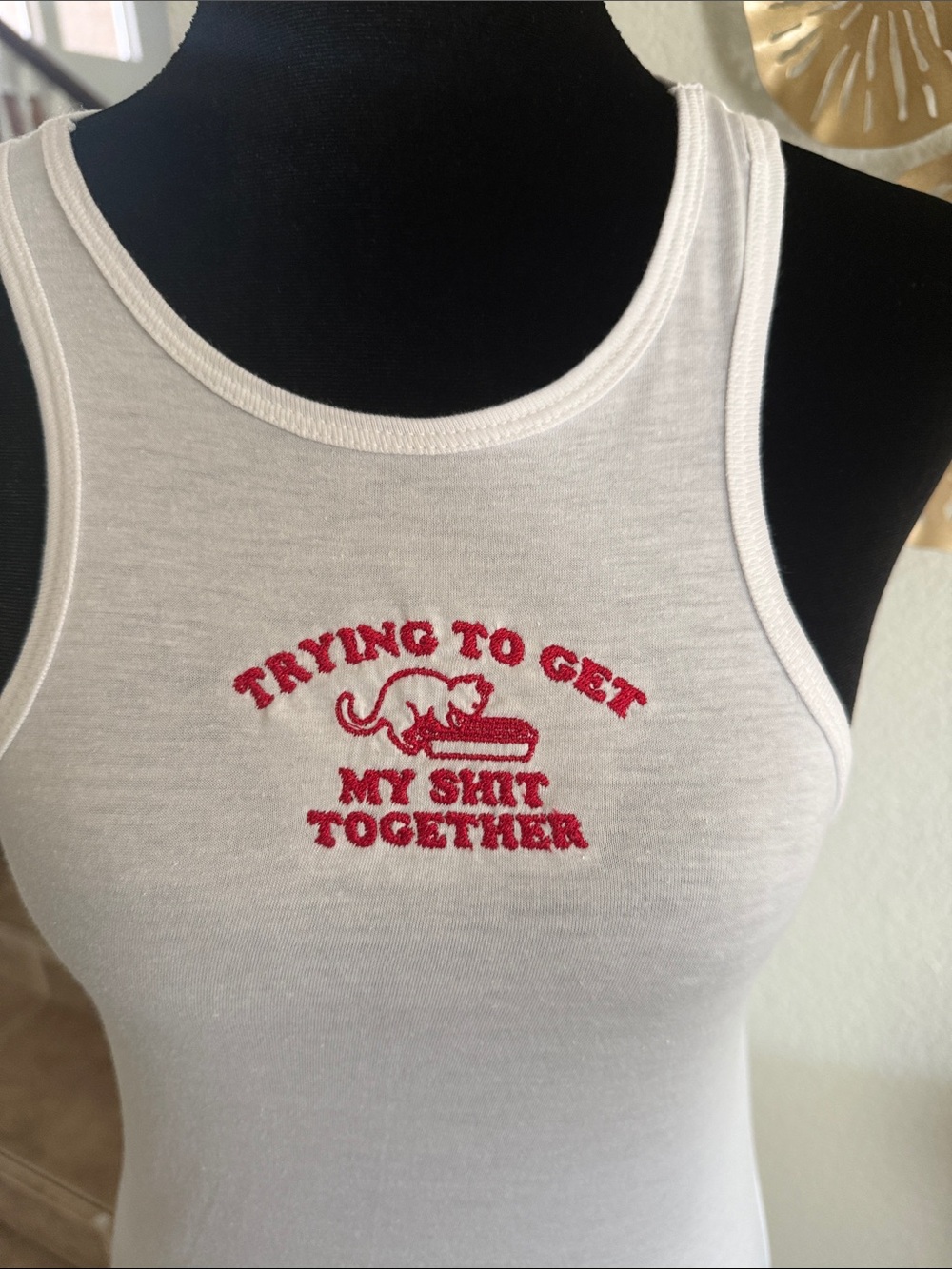 American Apparel White Tank Top with Red Cat Embroidery